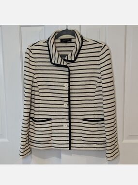 Talbots knit blazer jacket white creme navy size Medium collared